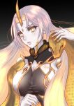  1girl breasts febakkari fire_emblem fire_emblem_heroes gold gullveig_(fire_emblem) highres horns large_breasts looking_at_viewer red_eyes single_horn snake upper_body white_hair yellow_eyes 