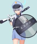  1girl absurdres beretta_1301 blue_archive bulletproof_vest gun halo hat highres necktie noix police_hat riot_shield shield shotgun skirt valkyrie_police_academy_student_(blue_archive) vest weapon 