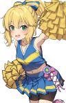  1girl absurdres bike_shorts bike_shorts_under_skirt blonde_hair bow cheerleader collarbone cropped_shirt foreshortening go-1 hair_bow highres holding holding_pom_poms idolmaster idolmaster_cinderella_girls looking_at_viewer midriff miniskirt navel pleated_skirt pom_pom_(cheerleading) ponytail sakurai_momoka shirt sidelocks simple_background skirt sleeveless sleeveless_shirt solo sweatdrop white_background 