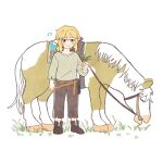  1boy belt belt_buckle black_pants blonde_hair blue_eyes blush_stickers boots brown_belt brown_footwear buckle clenched_hand closed_eyes closed_mouth commentary_request eating eyelashes full_body grass green_shirt highres holding holding_grass holding_reins horse link long_sleeves low_ponytail male_focus multiple_belts musical_note myonmo pants pointy_ears reins ribbon-trimmed_shirt shirt short_hair_with_long_locks smile solo the_legend_of_zelda the_legend_of_zelda:_breath_of_the_wild torn_clothes torn_pants torn_sleeves white_background 