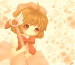  1girl antenna_hair bow brown_eyes brown_hair cardcaptor_sakura dress flower fuuin_no_tsue holding holding_wand kinomoto_sakura magical_girl mochikoxo pink_dress pink_headwear puffy_short_sleeves puffy_sleeves red_bow rose short_hair short_sleeves smile solo wand 