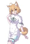  1girl ahoge animal_ears blonde_hair blush fox_ears fox_tail green_ribbon highres hihi_(cvwv4322) knees_together_feet_apart kudamaki_tsukasa open_mouth ribbon romper short_hair short_sleeves simple_background smile solo tail touhou white_background white_romper yellow_eyes 