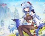  1girl absurdres ahoge anqing bare_shoulders bell black_gloves blue_hair blue_sky bodystocking breasts detached_sleeves dress dutch_angle feet_out_of_frame ganyu_(genshin_impact) genshin_impact gloves goat_horns grass hair_between_eyes highres horns long_hair looking_at_viewer medium_breasts mountain neck_bell on_grass purple_eyes sidelocks sitting sky smile solo white_dress white_sleeves 