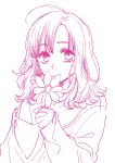  1girl ahoge baggy_clothes covered_mouth eyelashes flower hatta_ayuko highres holding holding_flower long_sleeves looking_at_viewer medium_hair monochrome off-shoulder_shirt off_shoulder original parted_hair pink_theme shirt simple_background sketch sleeves_past_wrists upper_body wavy_hair 