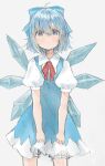  1girl bloomers blue_eyes blue_hair blush bow cirno collared_dress cowboy_shot dress hair_bow highres ice ice_wings looking_at_viewer neck_ribbon pinafore_dress ribbon short_hair short_sleeves skirt_hold sleeveless sleeveless_dress suiren_nei touhou underwear white_background wings 