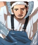  1boy apron bara beard facial_hair fisherman goburin_second headband light_blush male_focus mature_male muscular muscular_male original promotional_art scar scar_on_cheek scar_on_face short_hair solo stitches sweat tentacles tentacles_on_male thick_eyebrows translation_request upper_body white_headband 