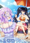  2girls beach bikini bikini_skirt black_hair bracelet breasts goggles hair_ornament highres innertube jewelry lewdkuma long_hair looking_at_another medium_breasts multiple_girls neptune_(neptune_series) neptune_(series) noire_(neptune_series) orange_bikini purple_eyes purple_hair red_eyes short_hair sitting smile splashing swimsuit twintails 