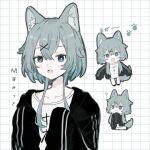  1girl :&lt; ? animal_ears aqua_eyes black_jacket bright_pupils chibi collarbone crossed_bangs fang grey_hair grey_tail grid_background hair_between_eyes hair_ornament hairclip highres indie_virtual_youtuber jacket looking_at_viewer maga_mitsuki moga_(ponco_gris) multiple_views open_clothes open_jacket open_mouth oversized_clothes oversized_shirt paw_print shirt short_hair_with_long_locks simple_background sleeves_past_fingers sleeves_past_wrists smile solo tail translation_request upper_body white_pupils white_shirt wolf_ears wolf_girl wolf_tail 