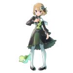  1girl ascot bangs black_footwear blonde_hair buttons closed_mouth commentary dress eyelashes ffccll frills full_body grey_eyes hair_ribbon hand_up knees long_sleeves official_alternate_costume pantyhose pigeon-toed pokemon pokemon_(creature) pokemon_(game) pokemon_masters_ex ribbon serena_(pokemon) serena_(sygna_suit)_(pokemon) shoes short_hair smile standing symbol-only_commentary transparent_background white_ascot white_pantyhose zygarde zygarde_cell 