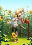  1girl absurdres ahoge bird blonde_hair blue_sky breasts bug butterfly chick commentary_request dappled_sunlight day floral_background gradient_hair highres hololive long_hair multicolored_hair orange_hair otonose_kanade outdoors red_eyes sky small_breasts solo star-ring sunlight virtual_youtuber 