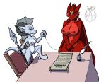  anthro big_breasts blue_eyes breast_size_difference breasts curved_horn dragon duo female foot_on_table genitals grey_body grey_horn grey_scales hi_res holding_scepter horn ink iolith kobold muniversalarts nipple_leash nipple_piercing nipples non-mammal_breasts nude piercing purple_eyes pussy red_body red_nipples red_scales scales scalie scroll setta_flamowitz size_difference small_breasts standing story story_in_description tail western_dragon wings 