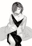  1girl blanket character_request collarbone dress furrowed_brow greyscale highres looking_ahead moaomao_mo monochrome parted_lips path_to_nowhere short_hair simple_background sitting solo white_background 