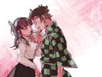  1boy 1girl black_skirt blunt_bangs blush breasts brown_hair butterfly_hair_ornament checkered_haori closed_eyes hair_ornament hanafuda_earrings hand_on_own_chest highres kamado_tanjirou kimetsu_no_yaiba long_hair long_sleeves looking_at_another medium_breasts mi_cha_iru open_mouth parted_lips purple_eyes scar scar_on_face scar_on_forehead shirt short_hair side_ponytail skirt smile snake tsuyuri_kanao white_shirt 