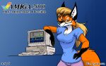  2023 amiga_(computer) anthro arm_support black_body black_fur blindsight_art blonde_hair blue_background blue_clothing blue_eyes blue_shirt blue_topwear bottomwear breasts canid canine cheek_tuft cleavage clothed clothing commodore_international computer copyright_symbol dated eyewear facial_tuft female fox foxtober fur glasses gloves_(marking) grin hair half-closed_eyes inktober logo mammal markings narrowed_eyes pants pink_bottomwear pink_clothing pink_pants ponytail portrait red_body red_fox red_fur shirt signature simple_background smile solo style_parody symbol tail tail_tuft three-quarter_portrait topwear tuft white_body white_fur xenia_(linux_fox) 