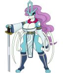  anthro armwear big_breasts blue_body blue_clothing breasts clothing collar female gem generation_2_pokemon hair hi_res huge_breasts jewelry legendary_pokemon legwear melee_weapon necklace nintendo pearl_(gem) pearl_necklace pokeball pokemon pokemon_(species) purple_hair red_eyes simple_background solo suicune sword urusee584 weapon white_background 
