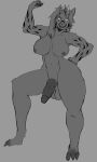  3:5 absurd_res anthro big_breasts big_butt big_penis black_stripes breasts butt demon female genitals grey_body grey_skin hi_res hyena intersex intersex/female knot mammal milayagi monochrome penis smile solo stripes thick_thighs wide_hips 