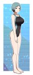  1girl alternate_costume aqua_hair barefoot border breasts commentary_request competition_swimsuit covered_navel feet grey_eyes highleg highres light_smile looking_at_viewer medium_breasts one-piece_swimsuit persona persona_3 short_hair smile solo standing swimsuit thighs white_border yamagishi_fuuka zakuro_juice 