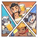  4boys :q absurdres alca_(wakatanka4) alcohol animal_ears bara beard beenic beer birthday blush_stickers cup dog_boy drinking facial_hair furry furry_male grey_fur grin gyee highres jaguar_boy jaguar_ears laughing lion_boy lion_ears long_sideburns male_focus mug multiple_boys muscular muscular_male nose_bubble nyaki_weeibo one_eye_closed original romg short_hair sideburns sleeping smile thick_eyebrows tiger_boy toasting_(gesture) tongue tongue_out uutiger weibo_logo weibo_username 