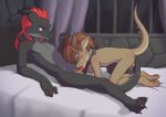  2023 absurd_res anthro bed blush brown_hair canid canine canis chastity_cage chastity_device collar collar_only detailed_background dragon duo eyes_closed furniture hair hi_res joeycwolf looking_at_another looking_at_partner male male/male mammal minum nude on_bed oral red_hair window wolf 