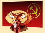  1boy angry bald closed_mouth coat collared_shirt communism communist_flag cropped_torso facial_hair family_guy flag frown goatee grey_hair hammer hammer_and_sickle juliusbernard lips mustache necktie official_art oval parody real_life real_life_insert sanpaku serious shirt sickle solo soviet soviet_flag stewie_griffin upper_body v-shaped_eyebrows vladimir_lenin white_shirt wide_face 