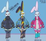  3_toes accessory albino alternate_color alternate_form anthro anthrofied belt belt_buckle blue_eyes bun_bun_bang_bang bunslinger_(outrage_mk2) button_eyes clothed clothing coat countershade_ears countershading digital_media_(artwork) digitigrade epic_games feet female fingerless_gloves fortnite front_view fur gloves group gun hair_accessory handgun handwear harness hi_res holding_object holding_weapon holstered_pistol knee_pads lagomorph legwear leporid long_ears mammal model_sheet multicolored_body multicolored_fur one_ear_up outrage_mk2 overcoat paint paint_on_self paint_splatter painted_clothing pastel pastel_colors pink_eyes pink_nose rabbit ranged_weapon red_eyes revolver ring_piercing simple_background smile solo spiked_hairband standing stockings techwear text toeless_legwear toeless_stockings toes topwear weapon white_body white_fur x-eyes 