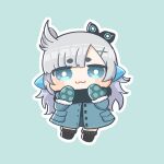  1girl :3 and_uge black_footwear black_shirt blue_background blue_coat blue_eyes blue_mittens blush bright_pupils buttons chibi closed_mouth coat commentary full_body grey_hair grey_skirt hair_ornament hairpods highres long_hair looking_at_viewer medium_bangs mittens nanashi_inc. outline sanpaku shiechyan shirt shoes simple_background skirt smile solo symbol-only_commentary thick_eyebrows virtual_youtuber white_outline white_pupils winding_key x_hair_ornament 