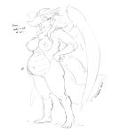  2023 3_toes anthro belly big_belly big_breasts blush breasts dragon english_text excalibur_(zerofox) feet female fluffy fur furred_dragon hair hand_on_hip hand_on_stomach hi_res long_hair monochrome navel nipples nude pregnant pregnant_female simple_background solo standing text toes white_background wings zerofox1000 