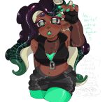  2girls animal_ears armpit_crease black_hair breasts cleavage commentary cropped_legs cropped_vest dark-skinned_female dark_skin english_text eyebrow_piercing eyebrows_hidden_by_hair fingerless_gloves gloves green_eyes green_hair large_breasts marina_(splatoon) microsoft_paint_(medium) midriff mole mole_under_mouth multiple_girls navel navel_piercing pcktknife pearl_(splatoon) piercing see-through see-through_shirt splatoon_(series) splatoon_2 tentacle_hair very_dark_skin vest 