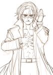  1boy abs belt bukimi_isan collarbone cowboy_shot goggles greyscale hand_up jacket long_sleeves male_focus monochrome open_clothes open_jacket short_hair shy_(series) simple_background solo star_(symbol) star_print stardust_(shy) white_background 