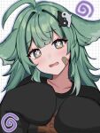  bandaid bandaid_on_face black_sweater blush fox_girl green_hair hair_between_eyes highres honkai:_star_rail honkai_(series) huohuo_(honkai:_star_rail) looking_at_viewer messy_hair nervous nervous_sweating oversized_clothes paw-shaped_pupils portrait sidelocks spiral sweat sweater upper_body vickie_(cryingrobot) white_background yin_yang_hair_ornament 