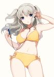  1girl between_breasts bikini blue_eyes breasts charlotte_(anime) cleavage cowboy_shot digital_media_player earphones grey_hair long_hair looking_at_viewer medium_breasts mitsuyo_(mituyo324) multi-strapped_bikini side-tie_bikini_bottom simple_background solo swimsuit tomori_nao two_side_up white_background yellow_bikini 