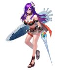  1girl armband bare_shoulders belt bikini breasts cleavage closed_mouth fingerless_gloves fire_emblem fire_emblem:_three_houses fire_emblem_heroes fire_emblem_warriors:_three_hopes full_body gloves hair_ornament hair_over_one_eye highres holding jewelry long_hair looking_at_viewer medium_breasts navel necklace non-web_source official_art purple_eyes purple_hair see-through shez_(female)_(fire_emblem) shez_(fire_emblem) smile solo stomach swimsuit thigh_strap toeless_footwear transparent_background 