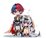  1boy 1girl alear_(fire_emblem) alear_(male)_(fire_emblem) bare_legs black_hair blue_eyes blue_hair chibi double-parted_bangs fire_emblem fire_emblem_engage full_body heterochromia long_hair mugimugis multicolored_hair purple_eyes red_eyes red_hair simple_background streaked_hair two-tone_hair very_long_hair veyle_(fire_emblem) white_background white_hair 