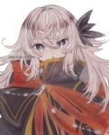  1girl blue_eyes bright_pupils cape dated fate/grand_order fate_(series) feather_hair_ornament feathers grey_hair hair_ornament highres long_hair red_cape saika_magoichi_(fate) satea white_background white_pupils 