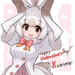  1girl :3 animal_ears bangs blush bow bowtie brown_eyes center_frills da_(bobafett) frills fur-trimmed_sleeves fur_collar fur_trim gloves grey_hair hands_up happy_valentine kemono_friends long_hair looking_at_viewer mountain_hare_(kemono_friends) multicolored_clothes multicolored_gloves multicolored_hair open_mouth rabbit_ears rabbit_girl rabbit_pose rabbit_tail smile solo tail two-tone_hair white_hair 