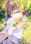  1boy blurry blurry_background blurry_foreground brown_hair collared_shirt final_fantasy final_fantasy_xv flower glasses green_eyes hinoe_(dd_works) holding holding_flower ignis_scientia jewelry looking_at_viewer male_focus mimosa_(flower) necklace outdoors shirt short_hair sleeves_rolled_up solo swept_bangs upper_body white_shirt yellow_flower 