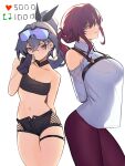  2girls arms_behind_back bandeau bare_shoulders black_bandeau black_bow bow breasts cleavage collared_shirt cowboy_shot crossed_bangs distr earrings english_commentary fingerless_gloves from_side gloves goggles goggles_on_head grey_eyes grey_hair hair_between_eyes hair_bow highres honkai:_star_rail honkai_(series) jewelry kafka_(honkai:_star_rail) large_breasts long_hair looking_at_viewer meme multiple_earrings multiple_girls navel no_eyewear pantyhose parted_lips pink_eyes ponytail purple_hair purple_pantyhose see-through_silhouette shirt shorts silver_wolf_(honkai:_star_rail) simple_background small_breasts smile stomach thigh_strap twitter_strip_game_(meme) white_background white_shirt 