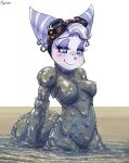  2023 anthro areola blue_eyes breasts cybernetic_arm cybernetic_limb doronkomajo ear_piercing ear_ring eyebrows eyelashes eyewear eyewear_on_head female fur glistening goggles goggles_on_head hi_res lombax mammal medium_breasts mud mud_bath muddy narrowed_eyes navel nipples nude piercing pink_nose purple_stripes ratchet_and_clank ring_piercing rivet_(ratchet_and_clank) simple_background smile solo sony_corporation sony_interactive_entertainment striped_body striped_fur stripes white_background 