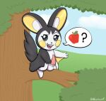  apple balls big_balls black_body black_fur emolga feral food fruit fur generation_5_pokemon genitals heshieokf hi_res in_tree male nintendo penis plant pokemon pokemon_(species) question_mark signature solo speech_bubble tapering_penis tree white_body white_fur 