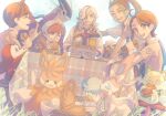  2boys 3girls arven_(pokemon) blue_eyes brown_eyes brown_hair egg florian_(pokemon) food fuecoco gloves hair_over_one_eye highres holding holding_food holding_poke_ball juliana_(pokemon) koraidon light_brown_hair mabosstiff multicolored_hair multiple_boys multiple_girls necktie nemona_(pokemon) orange_eyes penny_(pokemon) picnic_basket poke_ball pokemon pokemon_(creature) pokemon_egg pokemon_sv ponytail purple_necktie quaxly red_hair round_eyewear school_uniform short_hair short_sleeves sprigatito sylveon tablecloth twilight_yuuhi uva_academy_school_uniform 