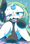  blue_eyes blush bodily_fluids butt female generation_5_pokemon genital_fluids hi_res humanoid japanese_text legendary_pokemon masturbation meloetta nettsuu nintendo open_mouth pokemon pokemon_(species) pussy_juice solo text white_body 