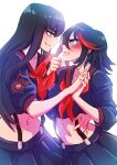  2girls black_hair black_shirt black_skirt blush cherry_in_the_sun from_side grin kill_la_kill kiryuuin_satsuki looking_at_another matoi_ryuuko medium_hair multiple_girls navel neckerchief neckerchief_grab pleated_skirt profile red_hair red_neckerchief senketsu shirt short_sleeves simple_background skirt smile stomach teeth 