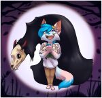  2018 ambiguous_gender anthro bandanna bani_(ezpups) blue_eyes blush bone bottomwear clothed clothing demon demon_bani digital_drawing_(artwork) digital_media_(artwork) domestic_cat duo ears_back ezpups fangs felid feline felis female_(lore) flower fluffy fluffy_tail gloves_(marking) hair hair_over_eye hi_res kerchief mammal markings one_eye_obstructed open_mouth open_smile pants pivoted_ears plant prick_ears shaded shirt skull skull_head smile soft_shading t-shirt tail teeth topwear 