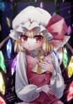  1girl adapted_costume ascot blonde_hair bow breasts closed_mouth collared_shirt crystal dark_background dated flandre_scarlet frilled_bow frilled_shirt_collar frills glowing glowing_wings hand_on_own_chest hand_on_own_stomach hat hat_bow hat_ribbon head_tilt kamina_yumeko long_sleeves looking_at_viewer mob_cap multicolored_wings nail_polish puffy_long_sleeves puffy_sleeves red_bow red_eyes red_nails red_ribbon red_skirt red_vest ribbon ribbon-trimmed_headwear ribbon_trim shirt skirt skirt_set small_breasts solo touhou twitter_username vest white_headwear white_shirt window wings yellow_ascot 