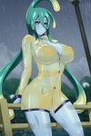  1girl blurry blurry_background breasts commentary commission covered_nipples english_commentary green_eyes green_hair hair_between_eyes highres large_breasts lindaroze long_hair long_sleeves monster_girl monster_musume_no_iru_nichijou outdoors paid_reward_available rain see-through slime_girl solo standing suu_(monster_musume) tentacle_hair thighs tree twitter_username very_long_hair watermark web_address wet wet_clothes yellow_raincoat 