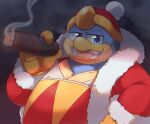  anthro beak belly blue_body blue_eyes blue_feathers cigar clothing feathers gloves handwear hi_res king_dedede kirby_(series) male nintendo overweight robe smile smoking smug solo st637 