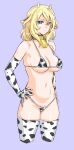  1girl absurdres animal_ears animal_print bell bikini blonde_hair blue_background blue_eyes breasts cameltoe closed_mouth cow_ears cow_horns cow_print cowbell elbow_gloves fake_animal_ears fake_horns girls_und_panzer gloves hands_on_own_hips highres horns kuppipi_ramutarou large_areolae large_breasts long_hair looking_at_viewer micro_bikini navel neck_bell oshida_(girls_und_panzer) print_bikini side-tie_bikini_bottom simple_background solo swimsuit thighhighs 