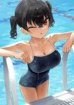  1girl ;o black_hair breasts collarbone commentary_request crossed_bangs gaki_kyonyuu hair_between_eyes highres kaedeko_(kaedelic) large_breasts looking_at_viewer one-piece_swimsuit one_eye_closed oppai_loli pool red_eyes sasaki_kanna_(kaedeko) school_swimsuit short_hair signature solo swimsuit twintails water wet wet_clothes wet_hair wet_swimsuit 