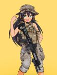  1girl :d assault_rifle bare_arms bare_shoulders black_hair blue_eyes brown_headwear commentary_request copyright_request ear_protection fang feet_out_of_frame grey_pants gun h&amp;k_hk416 hand_up handgun headset long_hair looking_at_viewer nakamura_3sou pants rifle smile solo standing very_long_hair weapon yellow_background 