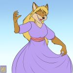  anthro black_nose breasts brown_body brown_fur brown_hair canid canine clothing dancing dipstick_ears dress eyes_closed female fox foxenawolf fur gradient_background hair jennifer_sherwood mammal multicolored_ears open_mouth simple_background solo teeth 